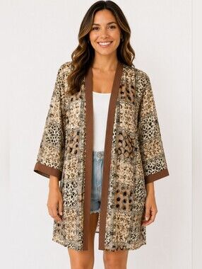 R&M Richards Petite Medium Sheer Kimono Leopard Print Cover Up